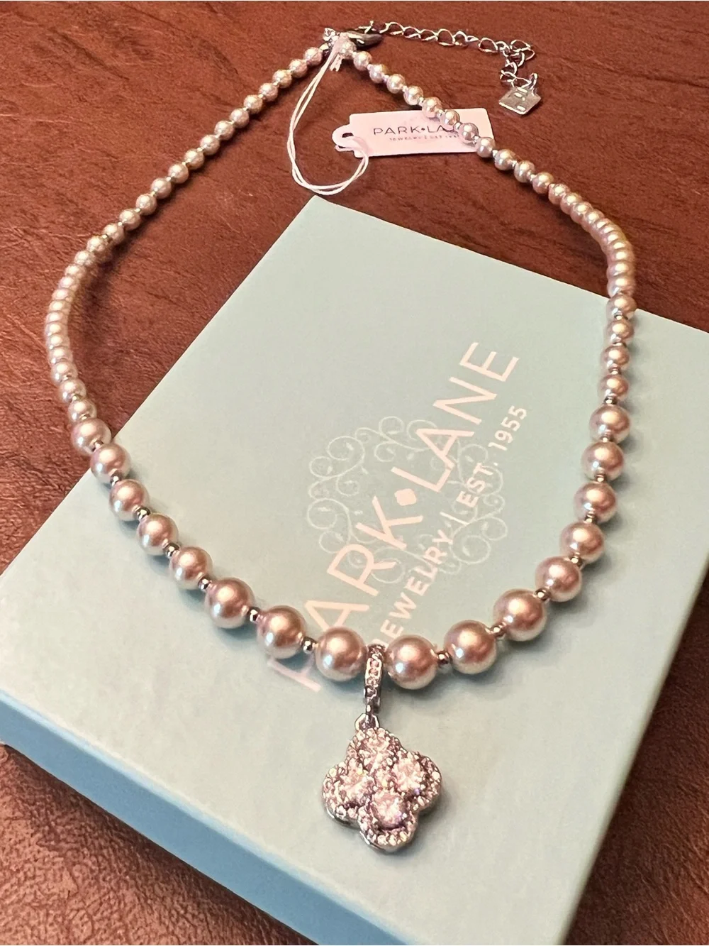 Park Lane Pearl Beaded Necklace with Crystal Clover Pendant, Silver, 16”+3”, NEW